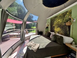 A bedroom with a large bed, a view of the outdoors, and a ceiling with a starry design.