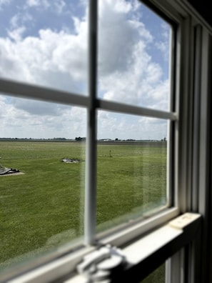 A window view of a grassy field with a clear sky.