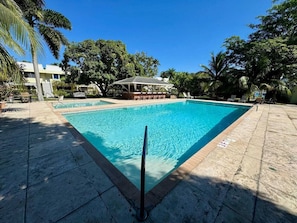 A rectangular pool with clear blue water, surrounded by a tiled deck and palm trees. - Seawind E202 (Montego Bay)