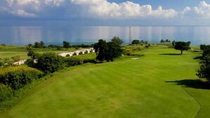 Un campo da golf con un ponte, alberi e cielo sereno.