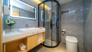 Een moderne badkamer met een douchecabine van glas, een wastafel met spiegel en een toilet.