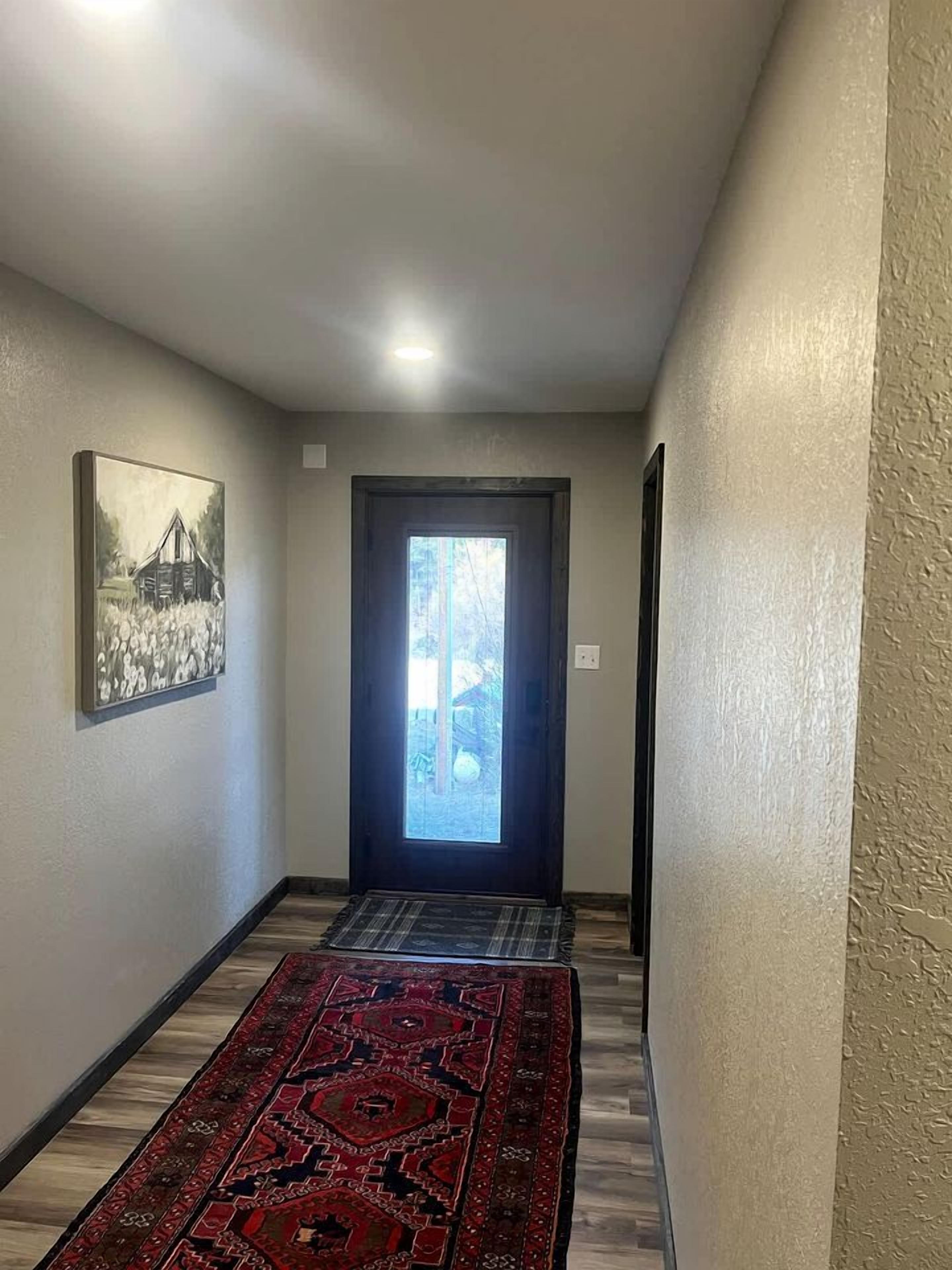 A hallway with a patterned rug, a door with a view, and a framed picture on the wall.