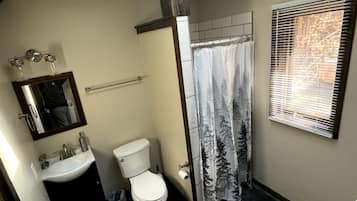 A bathroom with a toilet, sink, and shower curtain.