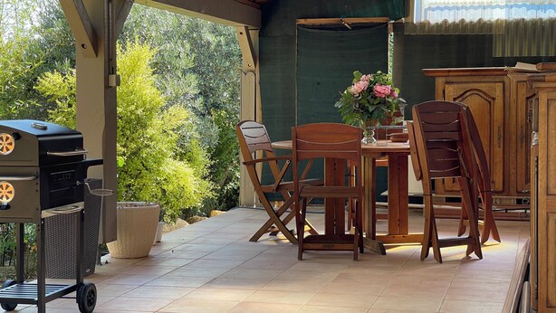 Un patio al aire libre con mesa y sillas de madera, una parrilla y una planta en maceta.