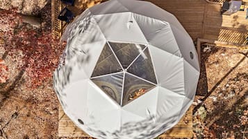 A geodesic dome structure with a wooden deck surrounding it.