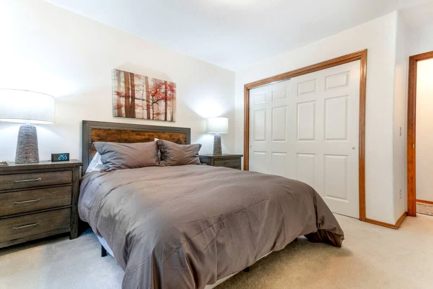 A bedroom with a bed, nightstands, a painting, and a closet.