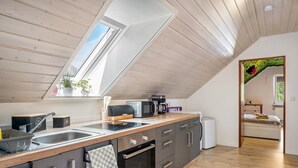 A modern kitchen with a sloped ceiling, built-in appliances, and a view through a window.