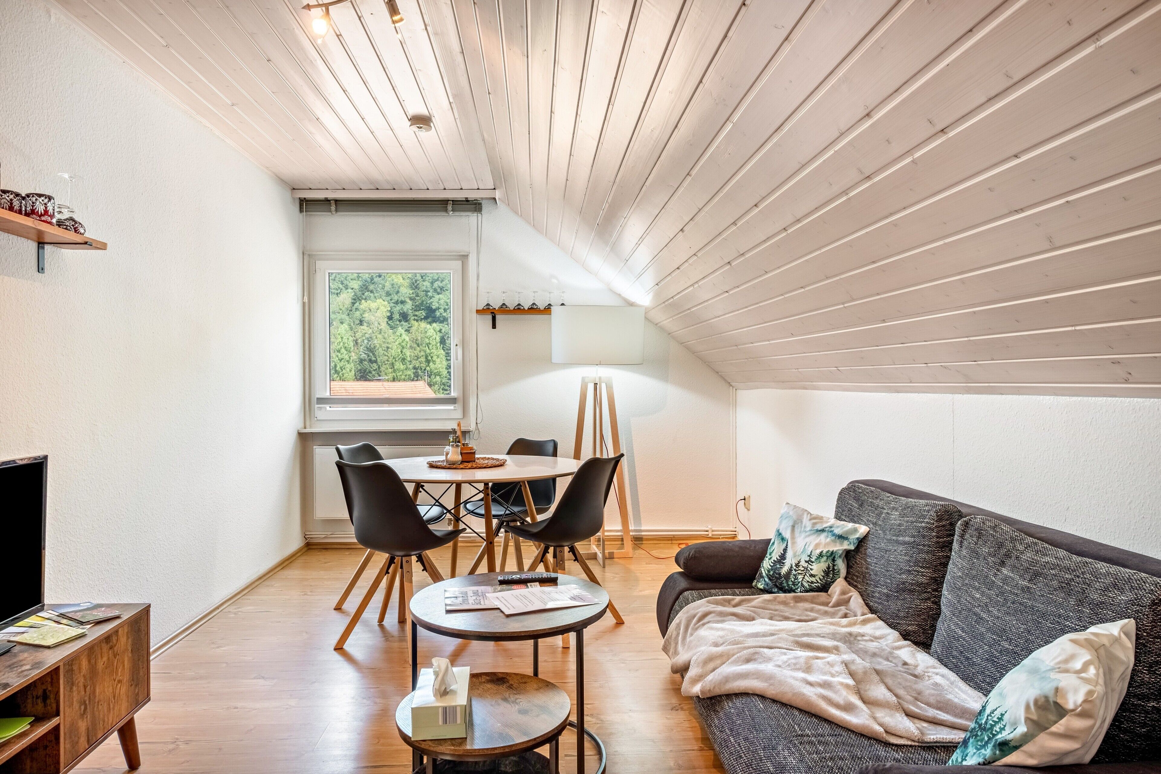 Un acogedor espacio tipo loft con comedor, sofá y televisor.