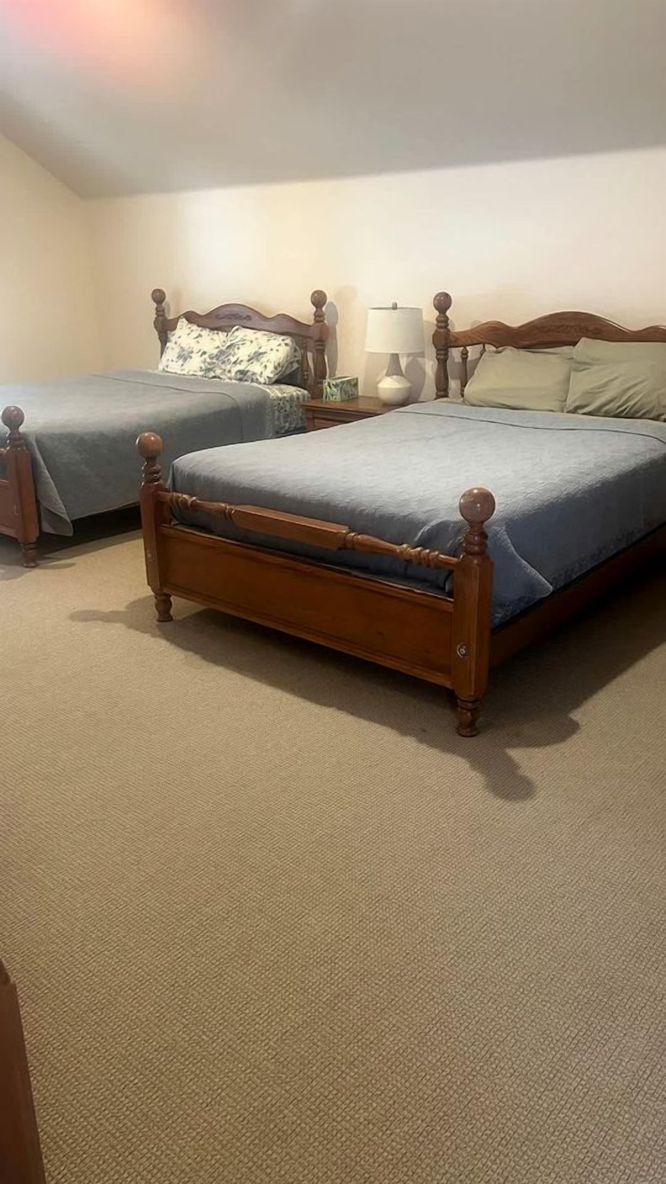 Une chambre avec deux lits en bois, une table de chevet avec une lampe et un sol recouvert d’une moquette.