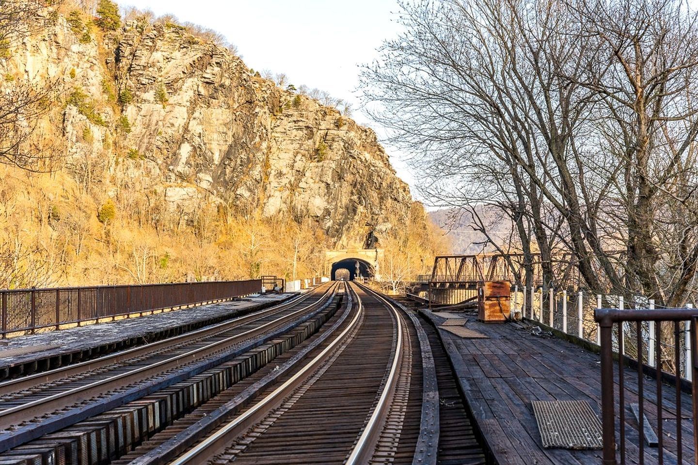 A railway track leading to a tunnel entrance with a rocky hillside and leafless trees in the background.
