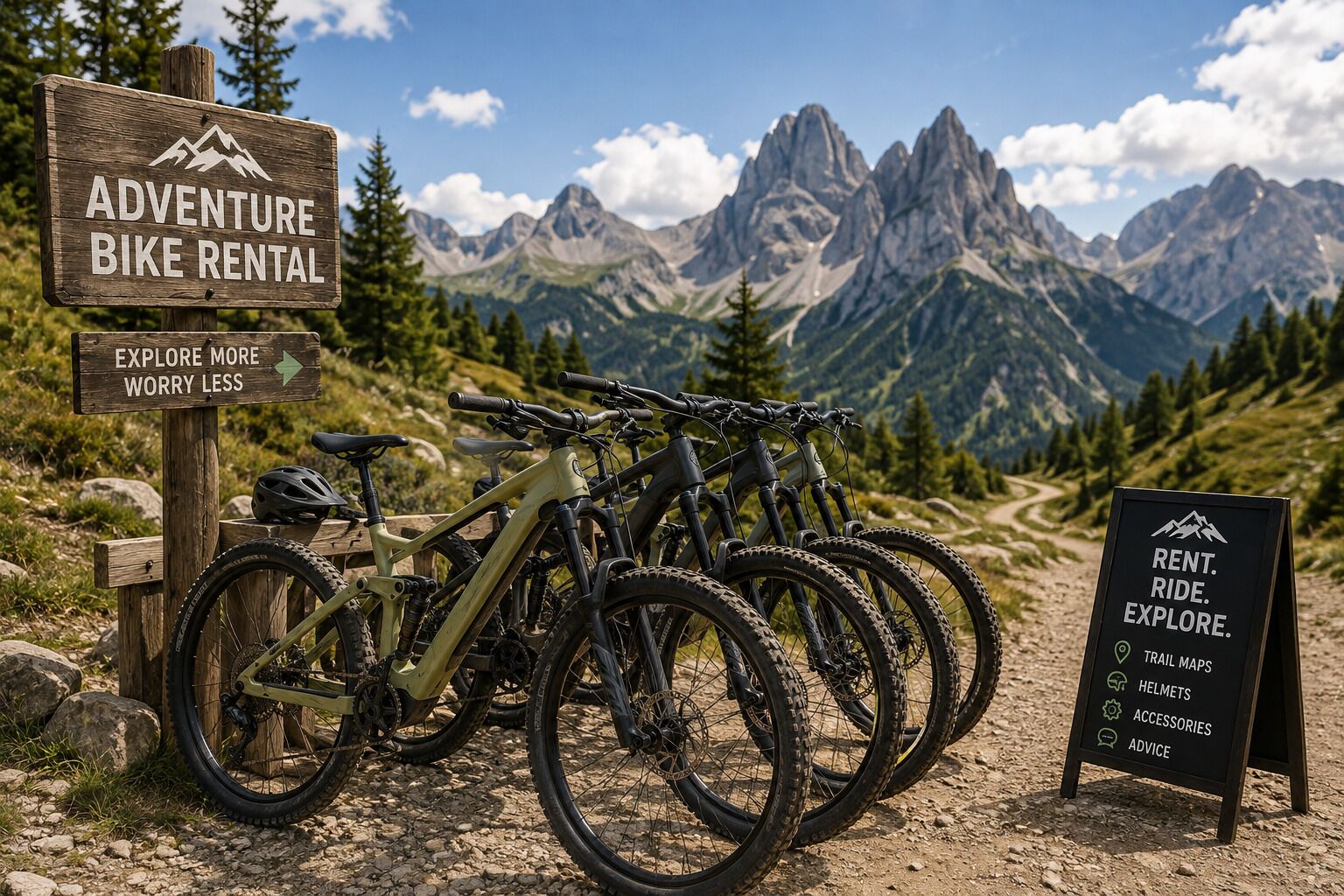 A mountain bike rental sign with a backdrop of rugged mountains and a clear sky.