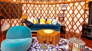Fireplace - Romantic Luxury Yurt with Private Beach & Steam Shower near Friendship, Maine (Friendship)