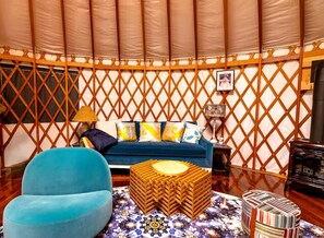 Fireplace - Romantic Luxury Yurt with Private Beach & Steam Shower near Friendship, Maine (Friendship)