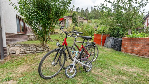 A bicycle parked in a grassy yard with a stone wall and a wooden fence. - Apartment 'Auszeit im Grünen' with Mountain View, Shared Garden and Wi-Fi (Plaue)