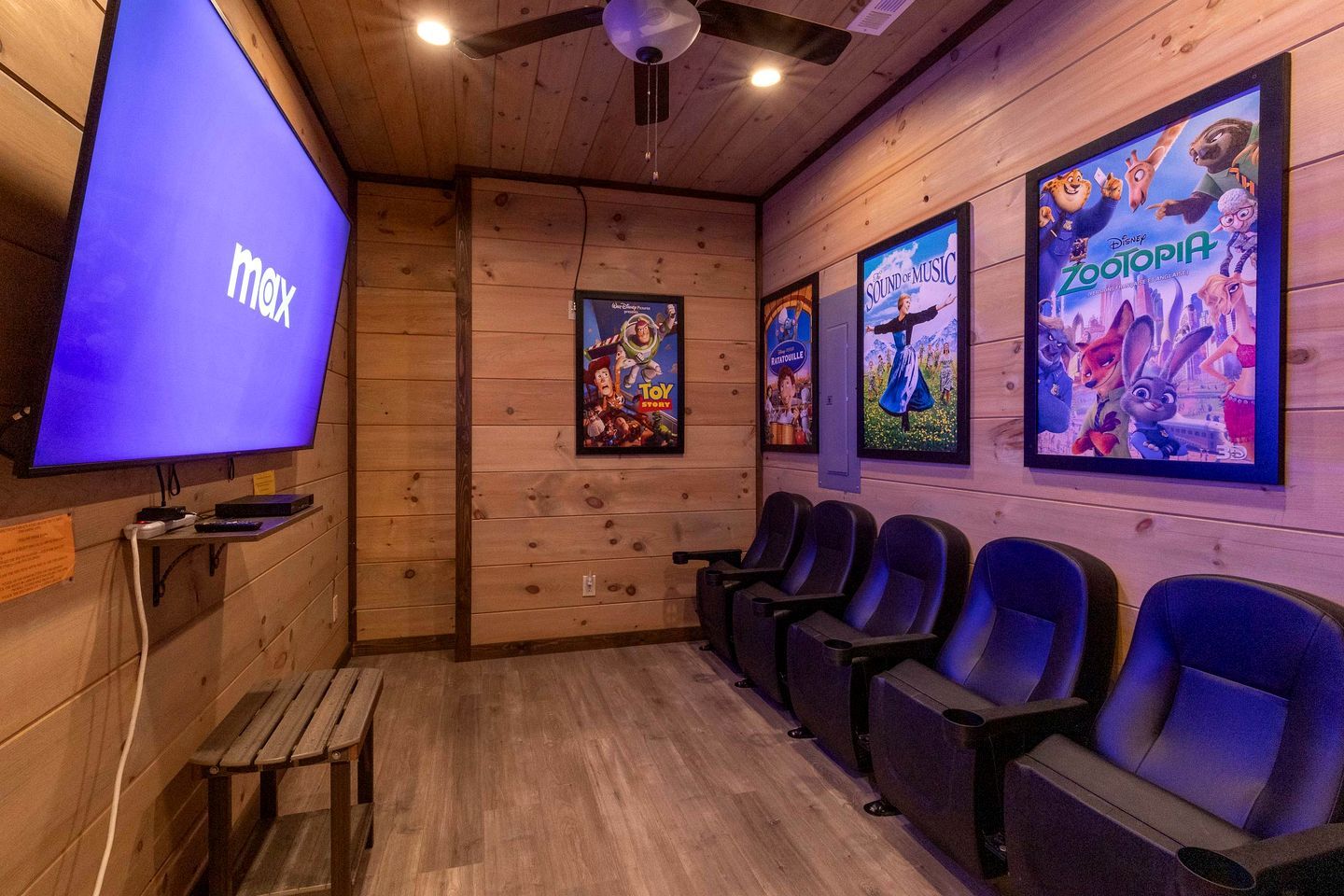 Een bioscoopzaal met een flatscreen televisie, posters, houten wanden en rijen stoelen.