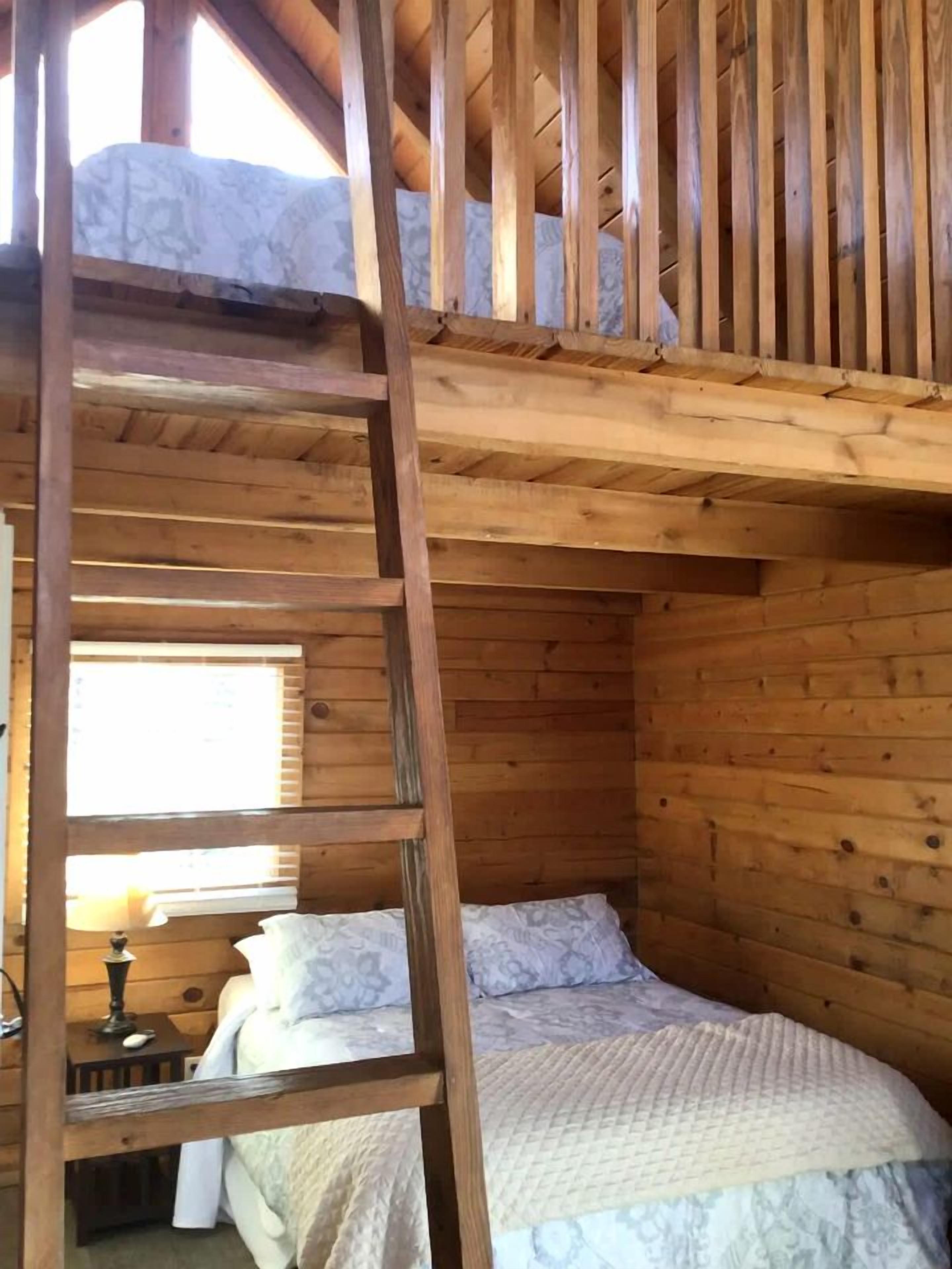A bunk bed with a ladder in a wooden cabin room.