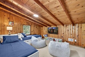 A cabin-style room with wooden walls and ceiling, a bed with blue bedding, a small sofa, a bean bag, a TV mounted on the wall, and a window with blinds. - Spacious Riverfront Cabin with Private River Access Near Harpers Ferry | Harpers Ferry, West Virginia (Harpers Ferry)