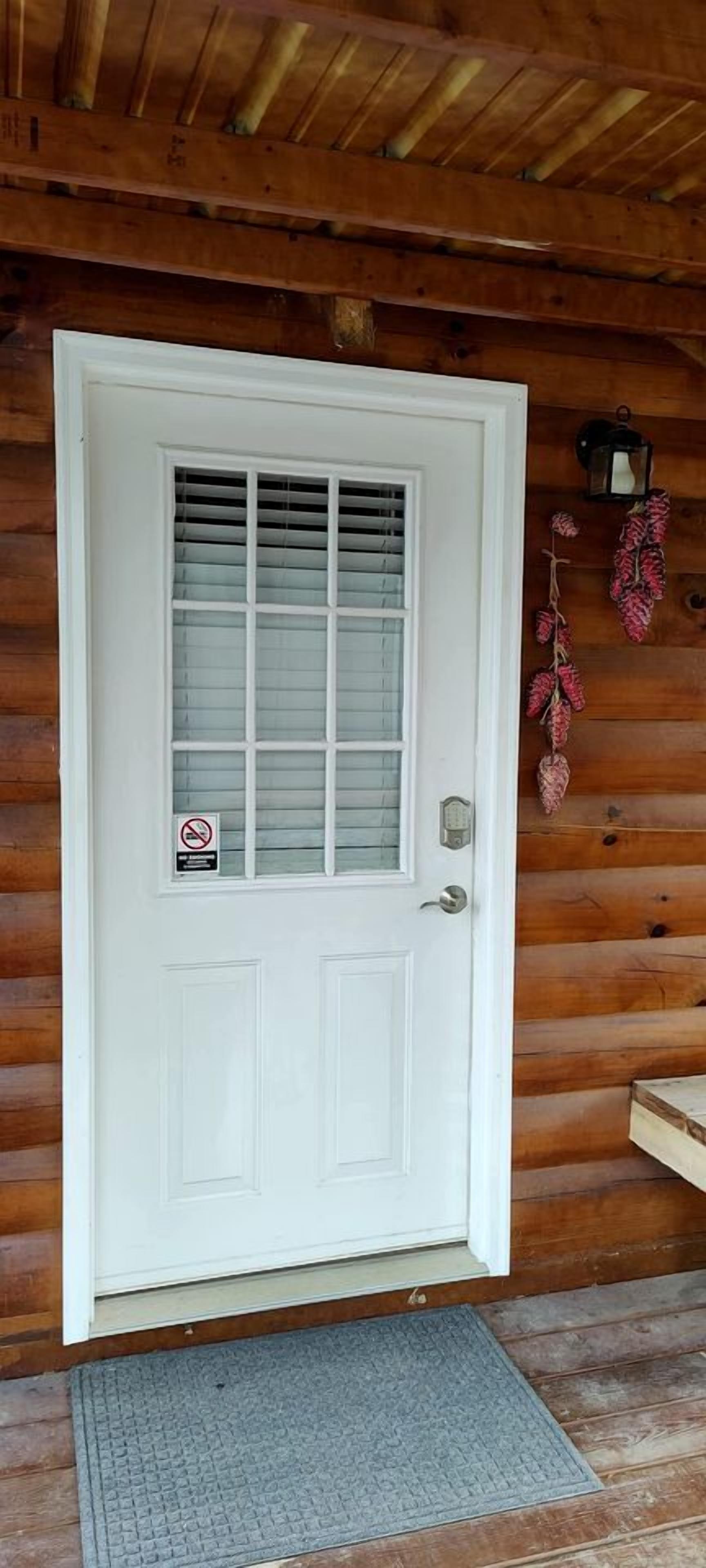 A white door with a window, a doormat, and a small step leading to the entrance.