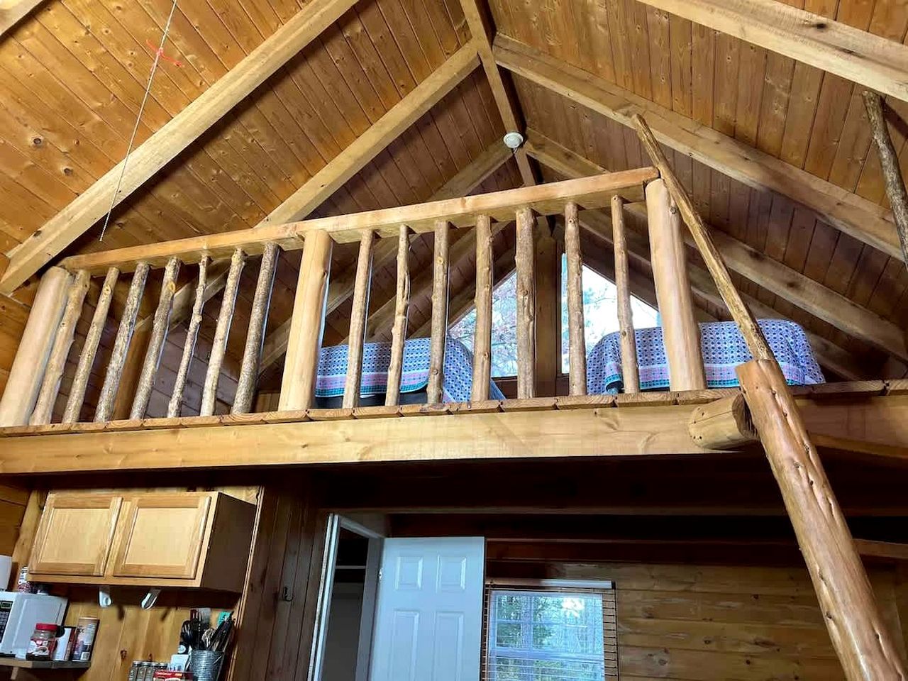 A wooden cabin with a loft bedroom, a kitchen area, and a door leading outside.