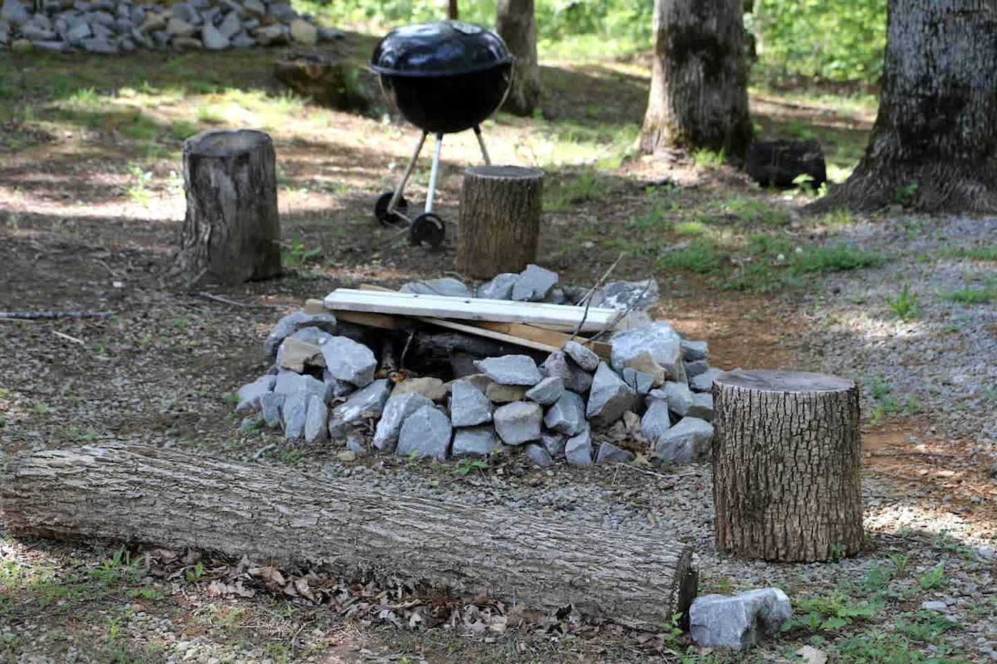 A campfire with rocks and logs, a grill, and wooden stumps in a wooded area.