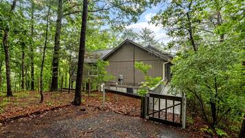 A rustic cabin surrounded by a forest, with a gated entrance and a gravel driveway.