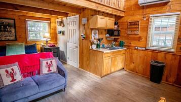 Een gezellig cabinteieur met een bank, een kleine kitchenette en een deur naar een andere kamer.