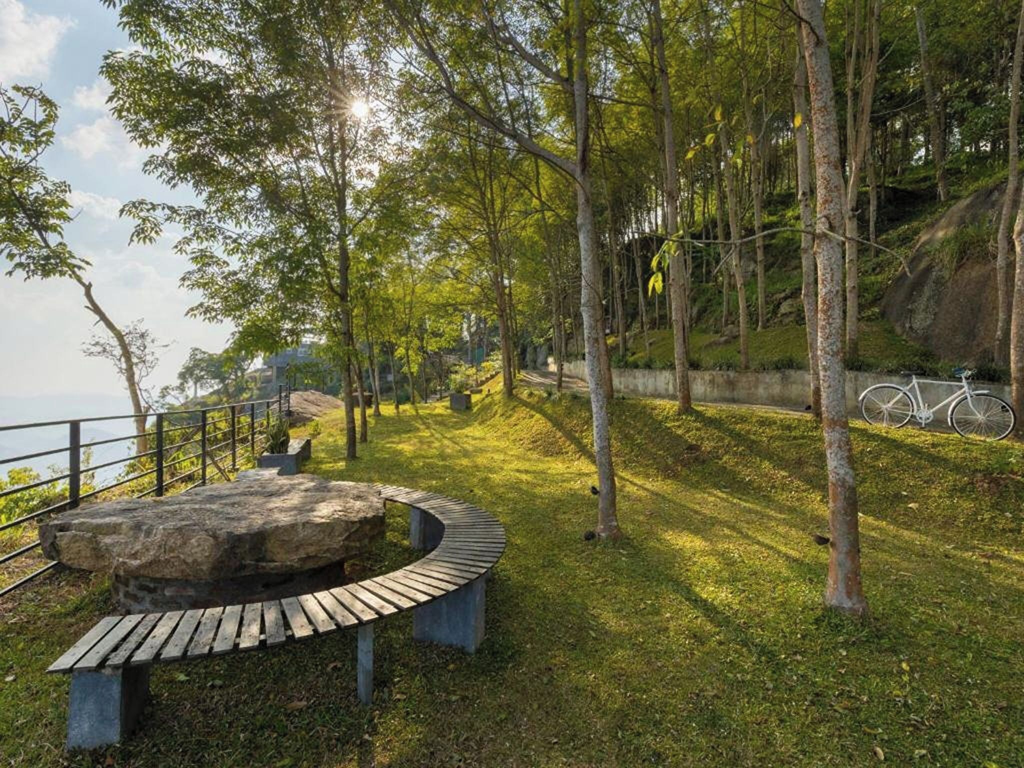A park with a wooden bench, trees, and a bicycle.
