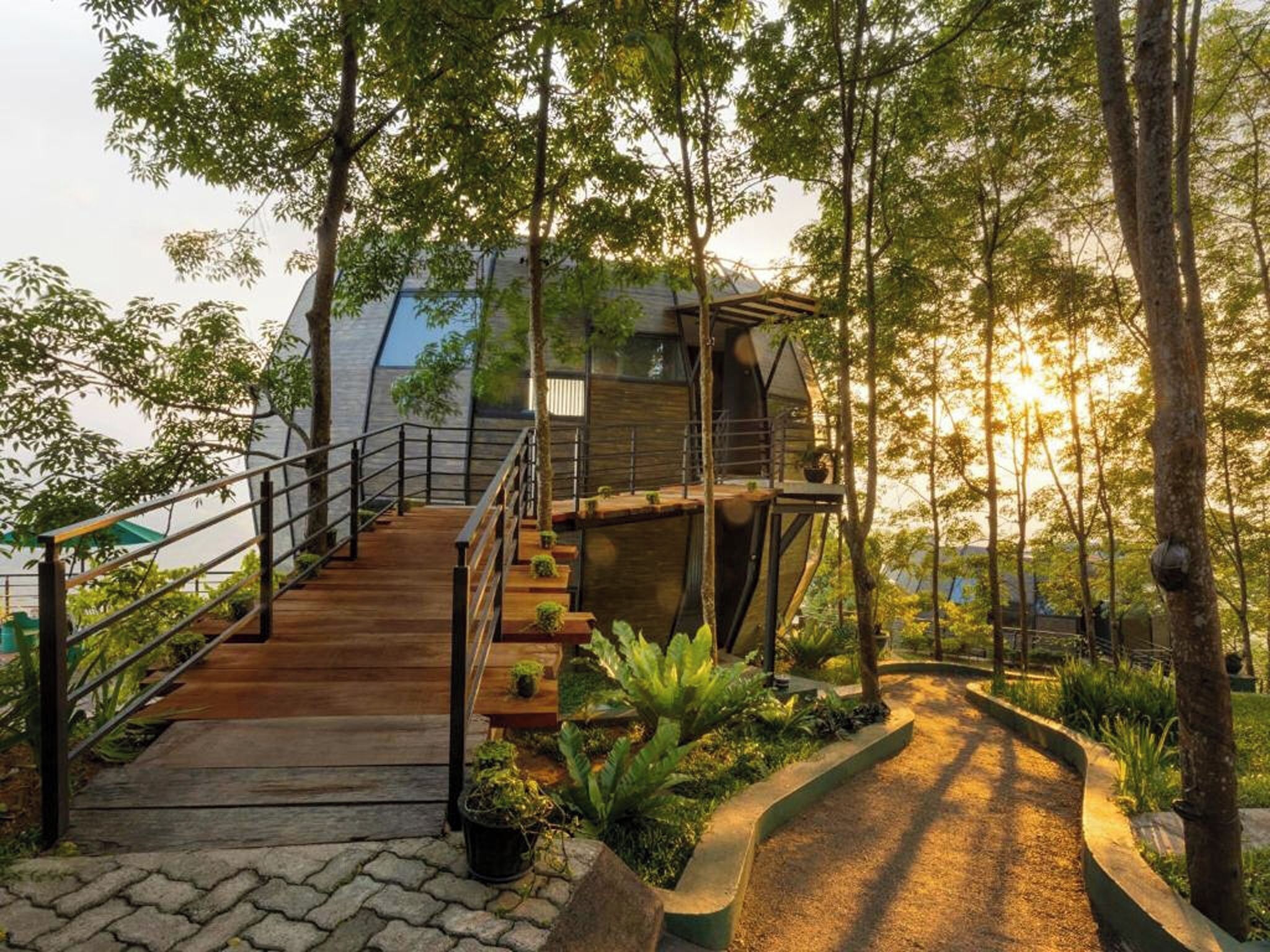 A modern building with a wooden staircase leading to a deck, surrounded by lush greenery and trees.