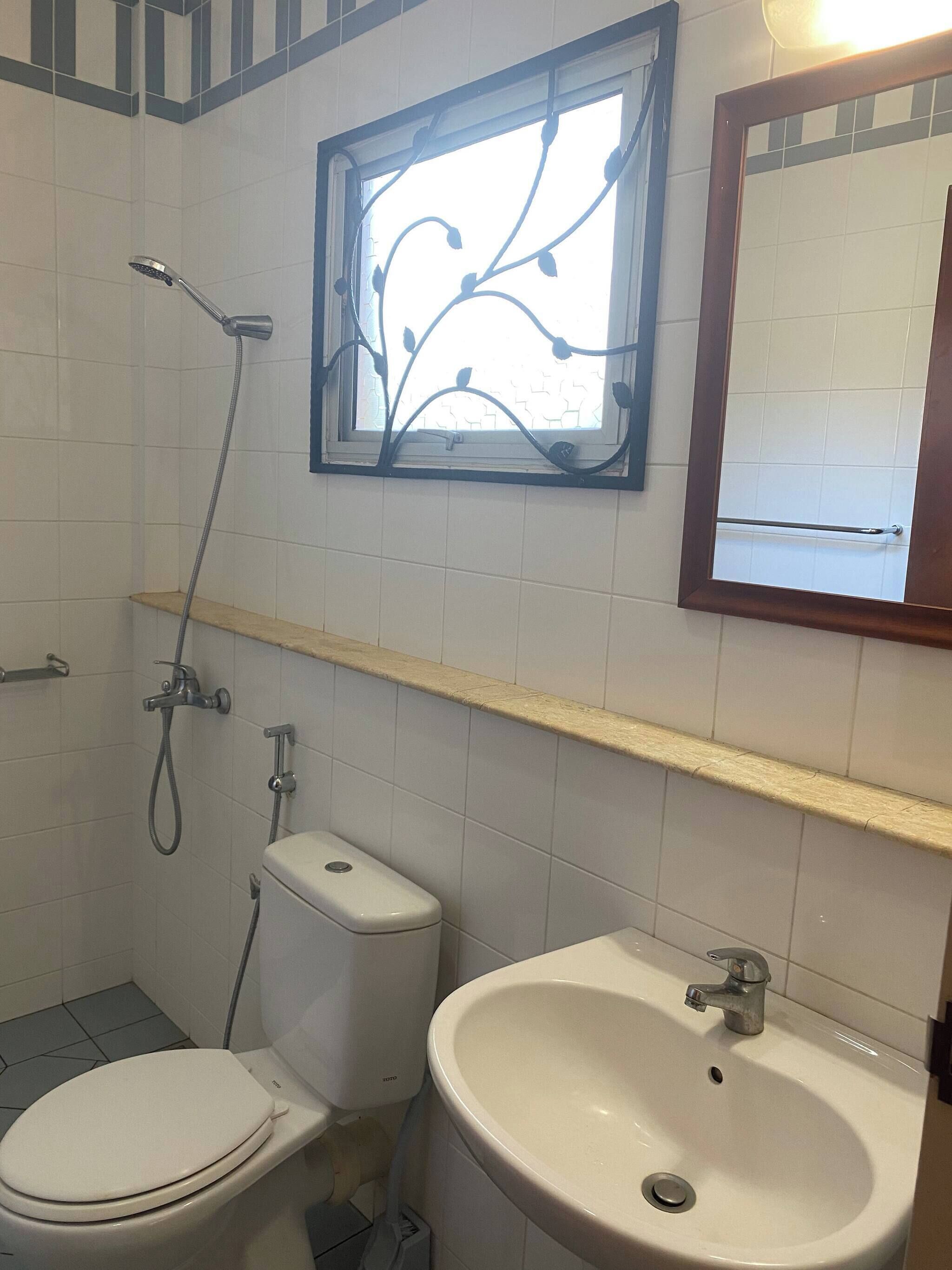 Et badeværelse med toilet, håndvask, brusebad og et vindue med dekorativt jernværk.