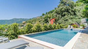 A swimming pool with lounge chairs, surrounded by greenery and a hillside view.