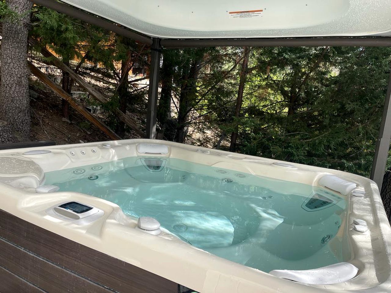 Un bain à remous doté d’un panneau de commande, entouré d’arbres.