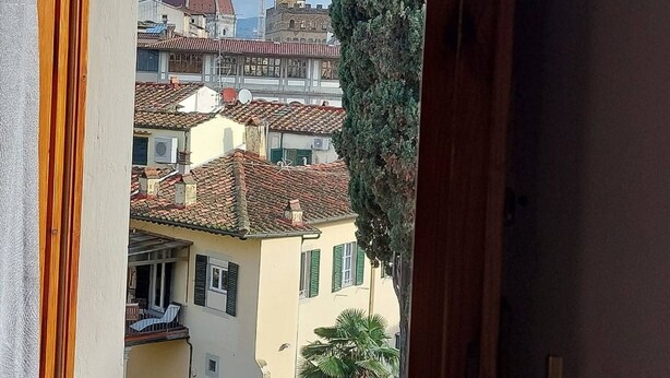 Blick aus einem Fenster auf ein Gebäude mit Kuppel und Turm, im Vordergrund ein Baum.