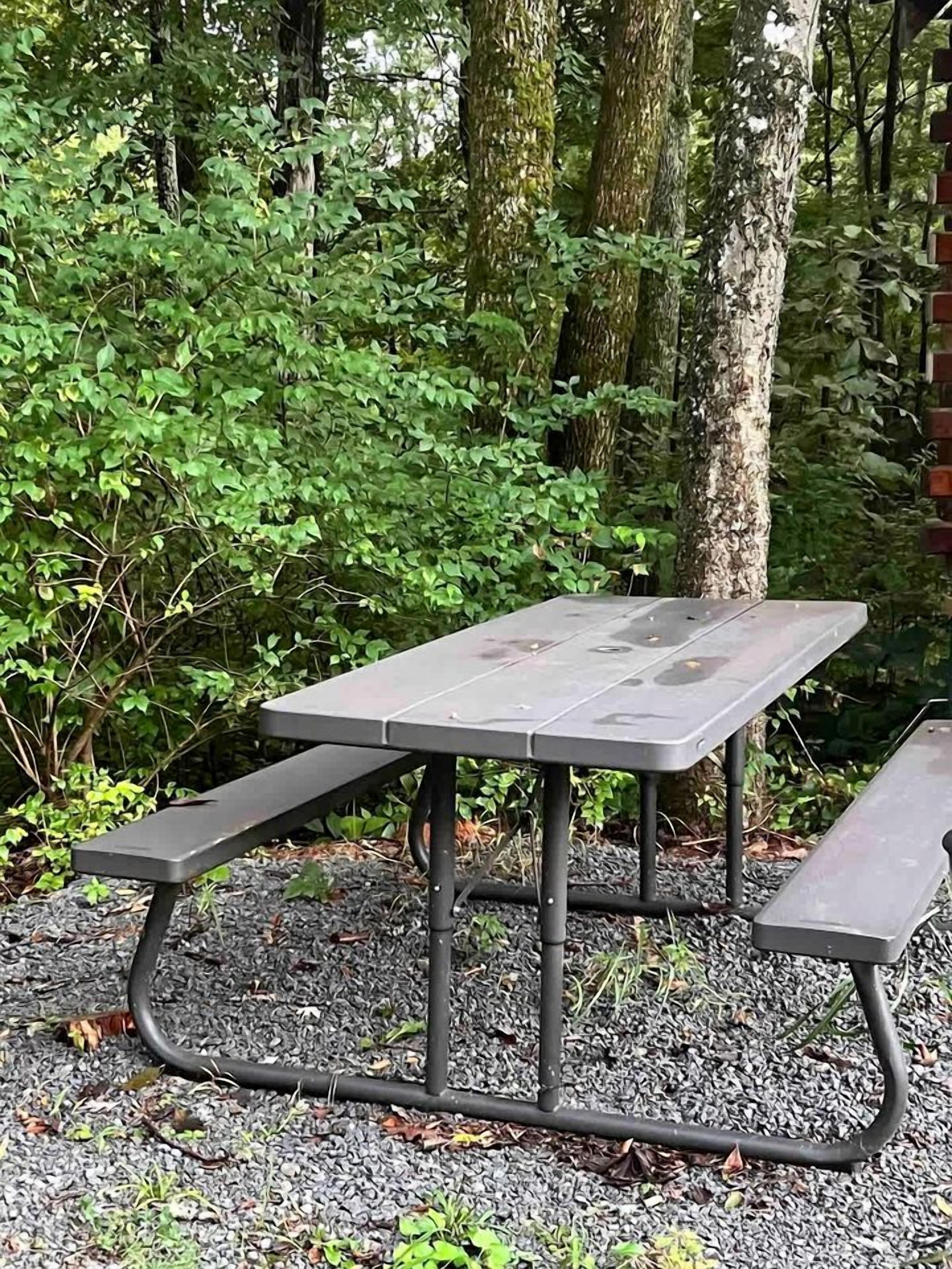 A picnic table with benches in a wooded area.
