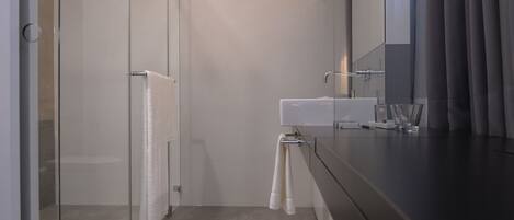 A modern bathroom with a glass shower enclosure, a white sink, and a large mirror.