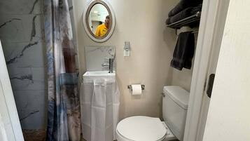 A bathroom with a toilet, sink, mirror, and towel rack.