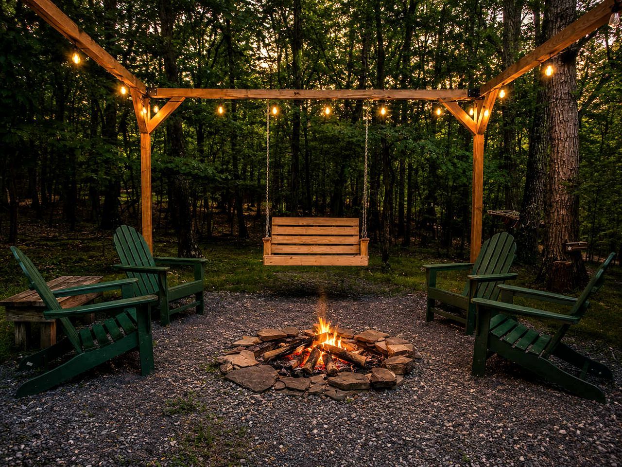 Una silla colgante de madera suspendida de una pérgola de madera con luces de cadena, rodeada por un brasero y sillones Adirondack verdes en un entorno boscoso.