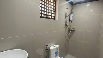 Shower, towels, soap, toilet paper