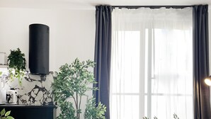 Ett modernt vardagsrum med en svart soffa, en svart fåtölj, ett runt soffbord och en krukväxt.
