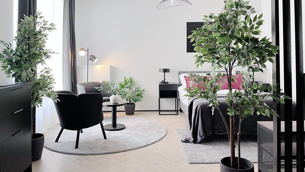 Ett modernt sovrum med en säng, sängbord, ett skrivbord, en stol och krukväxter.