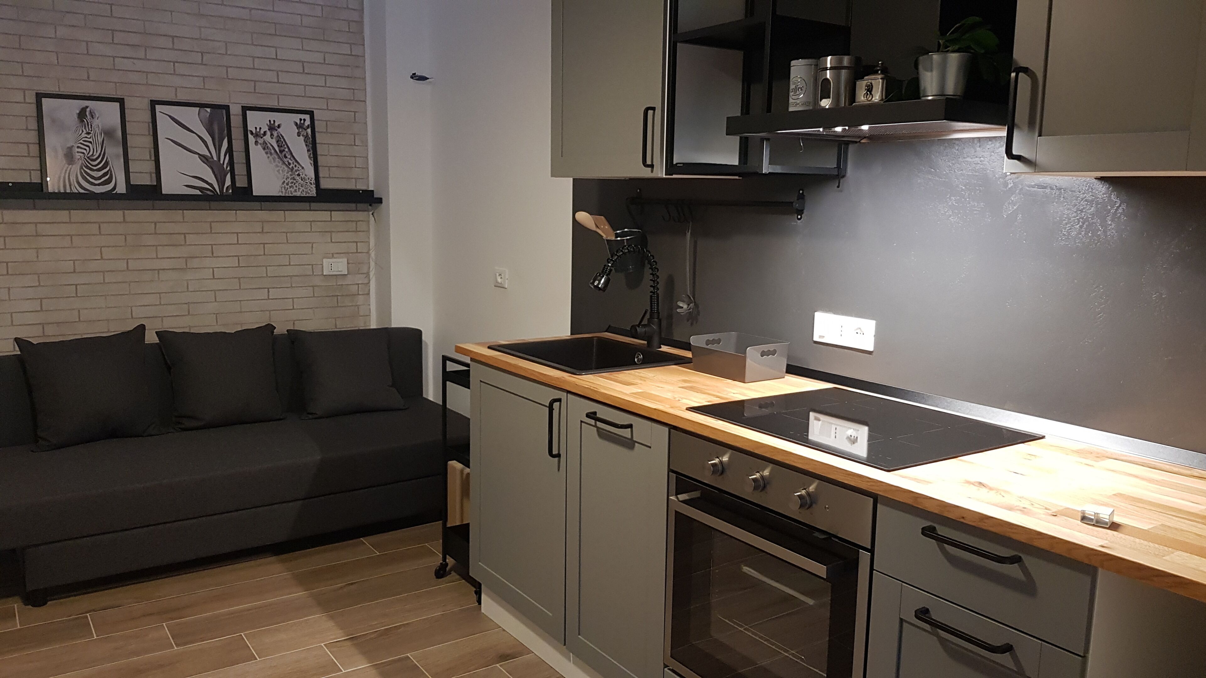 Una cocina compacta con horno integrado, un lavamanos y una encimera. Hay un sofá oscuro y una estantería con obras de arte enmarcadas.