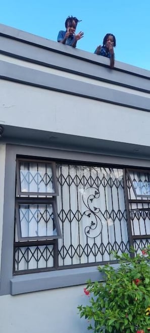 A building with a flat roof, a large window with decorative metal bars, and a plant with red flowers in the foreground. - Room-yoxall Overnight Stays (Durban)
