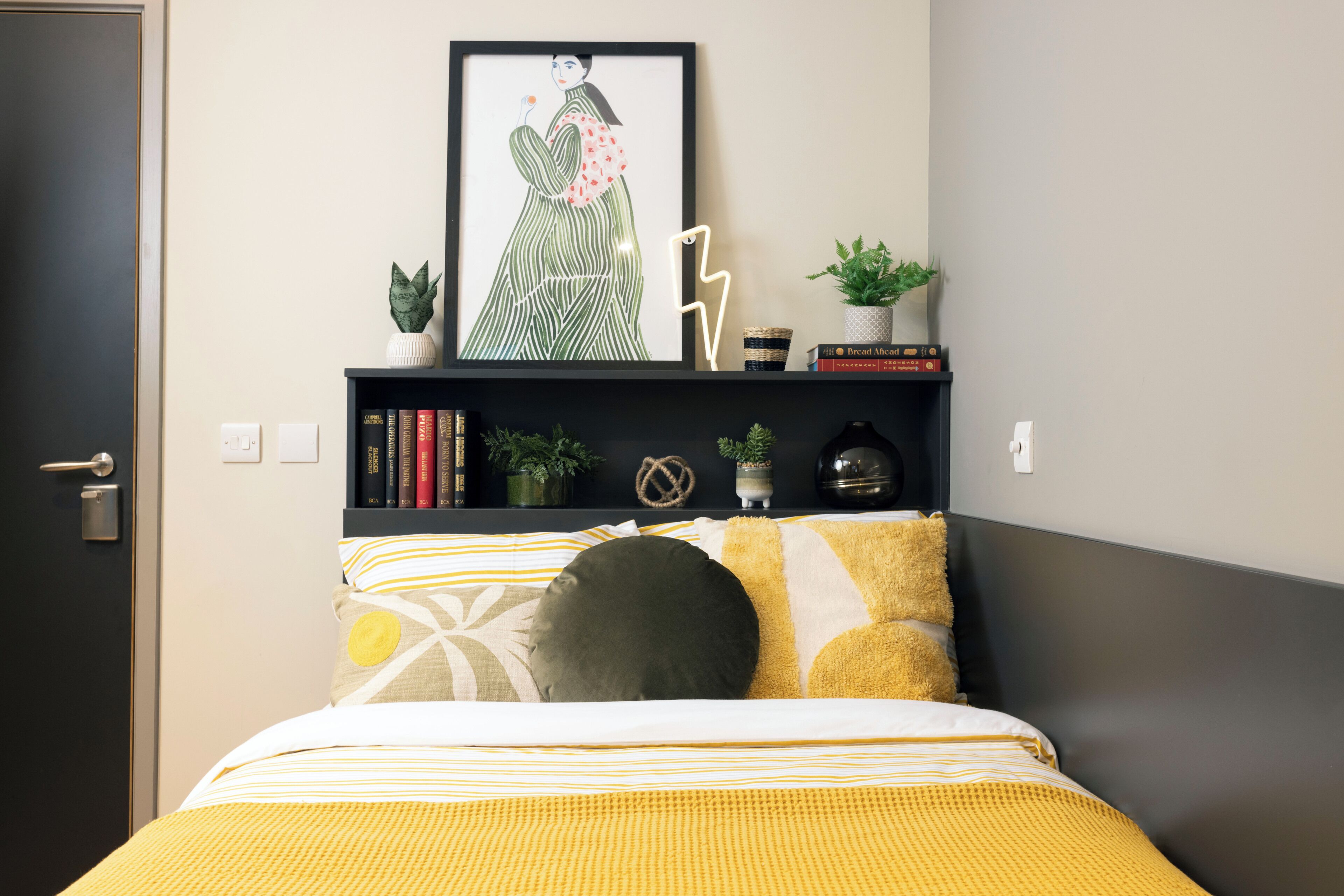 A bedroom with a bed, a framed picture, a shelf with books and plants, and a door.