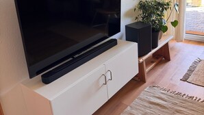 Ein Flachbildfernseher auf einem weißen Schrank, ein Blumentopf und ein gerahmtes Bild an der Wand.