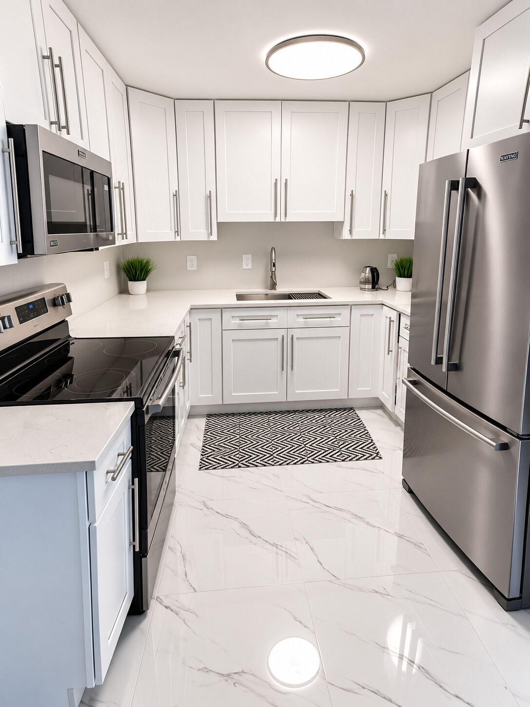 A modern kitchen with white cabinets, stainless steel appliances, and a marble floor.
