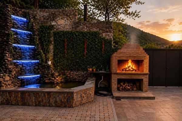 Outdoor brick BBQ and lit waterfall feature