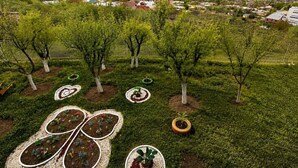 Un jardin aménagé avec des arbres et des parterres de fleurs.
