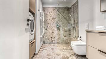 Shower, hair dryer, towels, shampoo