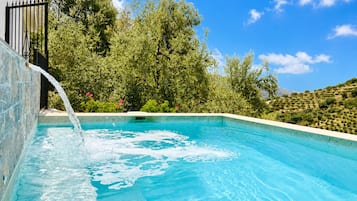 A swimming pool with clear water, surrounded by lush greenery and a mountainous backdrop.