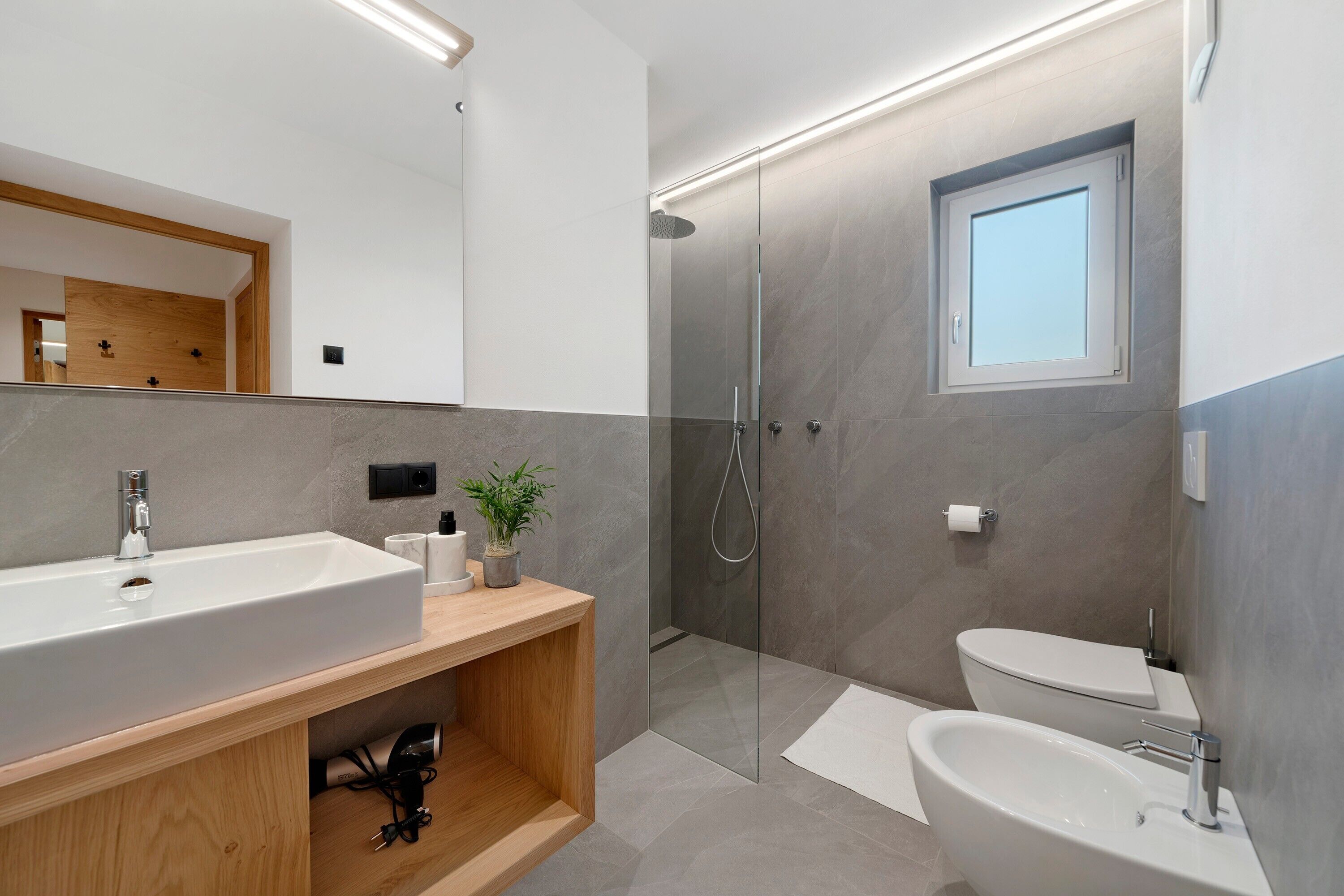Shower, hair dryer, towels
