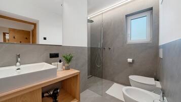 Shower, hair dryer, towels